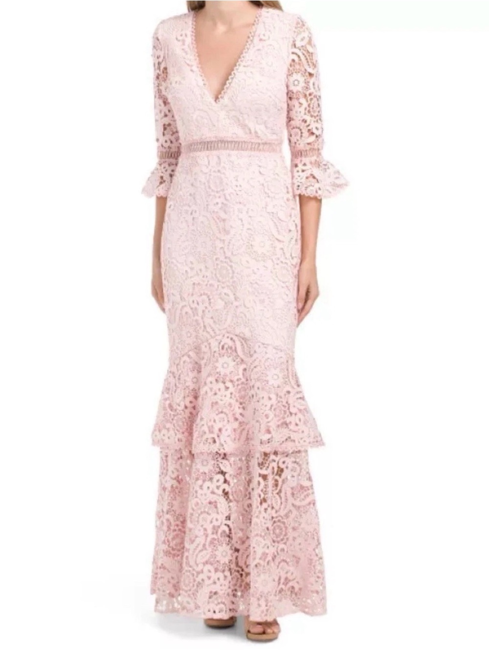 MONIQUE LHUILLIER Lace Tiered Gown Evening Maxi Dress Size 4
